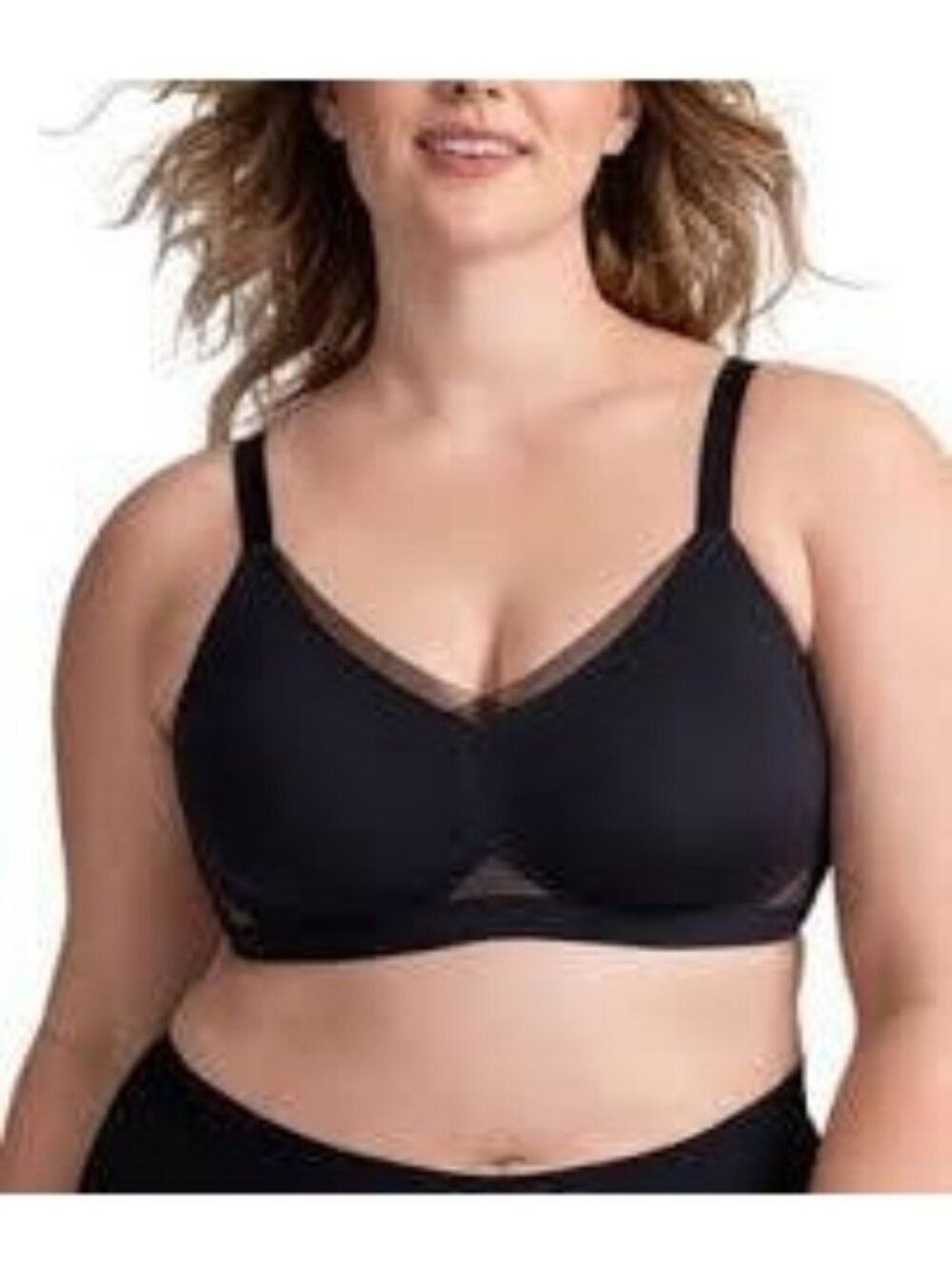 Honeylove Crossover Wireless Bra Black Mesh Trim Size XL Sexy Support Nude